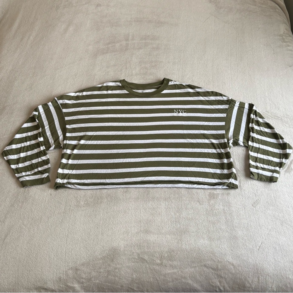 Striped Olive & White Crop Long Sleeve Tee - NYC Embroidered